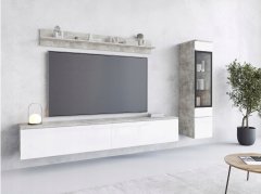 Zidni TV element 180 cm, vitrina i polica, samostojeći/viseći, bijeli sjajni beton