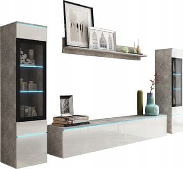 TV zidna jedinica 180 cm za dnevni boravak, 2 vitrine i polica, beton / bijeli sjaj
