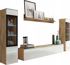 Zidni TV element 180 cm za dnevni boravak, 2 vitrine i polica, Wotan / bijeli sjaj
