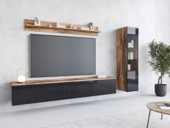Zidni TV ormarić 180 cm, vitrina i polica, univerzalni, Wotan crni sjaj