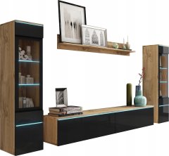 Zidni TV ormarić 180 cm za dnevni boravak, 2 vitrine i polica, Wotan / crni sjaj