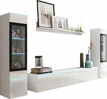 Moderni TV zidni element 180 cm s 2 vitrine i policom za dnevni boravak, bijeli sjaj