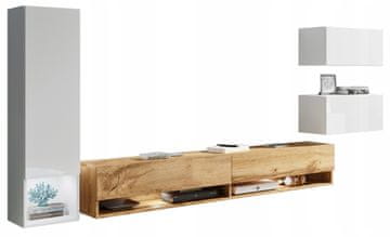 Zidna jedinica od 4 dijela, viseći TV set, 180 cm, stupac, bijeli sjaj, Wotan