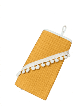 Kupaonski ogrtač 100x100 Boho kolekcija bijeli pomponi boje senfa
