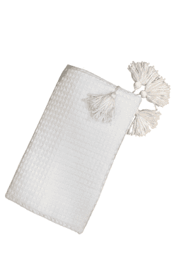 Deka / vafl deka 75x100 Boho kolekcija bijeli pomponi