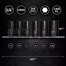 MJW 3/4" set dugih udarnih nasadnih ključeva na šini
