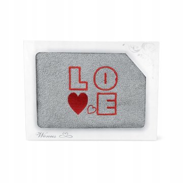 Sivi pamučni ručnik s vezom "LOVE", poklon kutija