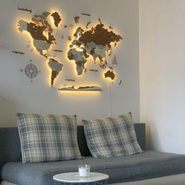 Drvena karta svijeta s osvijetljenim LED 3D uzorkom, V okvirima + nazivima zemalja, glavnih gradova i saveznih država 256x160 cm