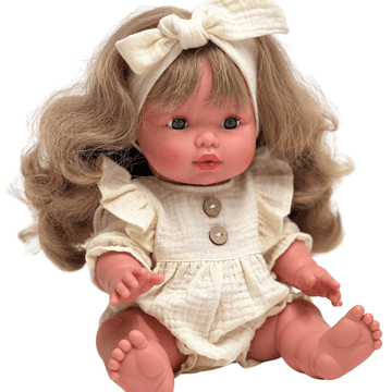 Kombinezon za lutke veličine 34-38 cm, Miniland, mini Colettos, Paola Reina, muslin boje vanilije s volanima