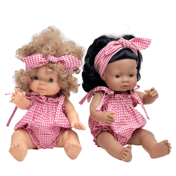 Ljetni kombinezon s trakom za glavu za lutke 34-38 cm, ružičasti karirani uzorak Miniland, Minikane, Paola Reina, Mini Colettos