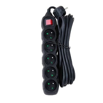 Produžni kabel za napajanje, produžni kabel s prekidačem, 16A, 5m, 5 utičnica, crni, ELK216K