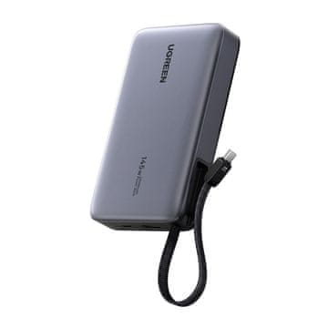 Ugreen Powerbank 20000mAh PB551, 145W, USB + USB-C, ugrađeni kabel (siva)