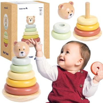 Tooky Toy Drvena senzorna slagalica Piramida Medvjedić Senzorni šareni slagač