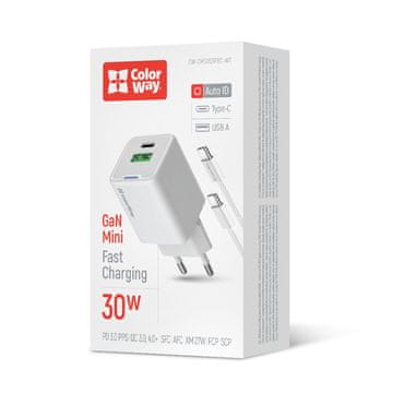 ColorWay GaN Mini 30W PD Port PPS USB (Type-C PD + USB QC4.0) AC punjač bijeli, s Type-C kabelom (CW-CHS053PDC-WT)