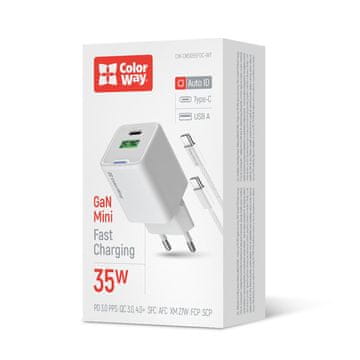 ColorWay GaN Mini 35W PD Port PPS USB-C AC punjač bijeli, Type-C kabel (CW-CHS055PDC-WT)