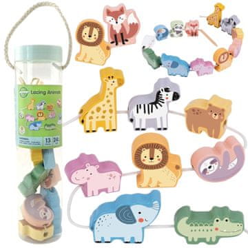 EE WOOPIE GREEN Drveni blokovi za nitkanje Isprepleteni ZOO Montessori 13 kom.