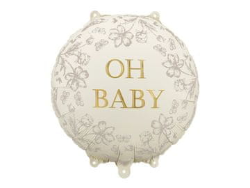 PartyDeco Oh Baby okrugli folijski balon - bež sa zlatnim slovima, 35x35 cm