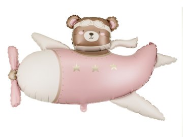 PartyDeco Svijetlo ružičasti folijski balon Medvjedić u avionu 94x61cm