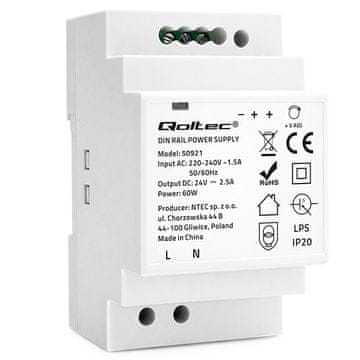 Qoltec napajanje za DIN šinu | 60W | 24V | 2,5A | sivo
