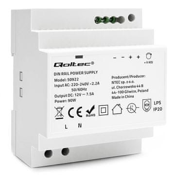 Qoltec napajanje za DIN šinu | 85,2 W | 12 V | 7,1 A | Sivo