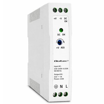 Qoltec napajanje za DIN šinu | 24W | 24V | 1A | Bijelo | Tanko