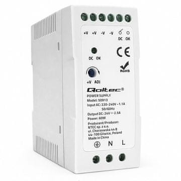 Qoltec napajanje za DIN šinu | 60 W | 24 V | 2,5 A | Bijelo | Tanko