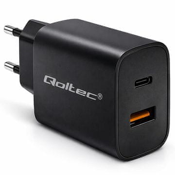 Qoltec GaN POWER PRO punjač | 1xUSB-C | 1xUSB | 30W | 5-20V | 1,5-3A | Crni