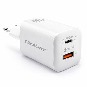 Qoltec 65W GaN ULTRA zidni punjač | 5-20V | 2,25-3,25A | 1 x USB Type-C PD | 1 x USB QC 3.0 | Prijenosno računalo | Pametni telefon | Bijela