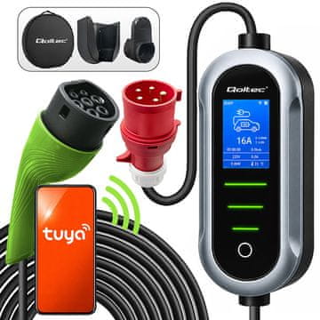 Qoltec mobilni punjač za električne automobile, EV i hibride s 2-u-1 regulacijom Tip 2 | 11kW | 400V | CEE 32A | Wi-Fi | TUYA | SMART LIFE | LCD | Prijenosni | Zidna kutija | 5m
