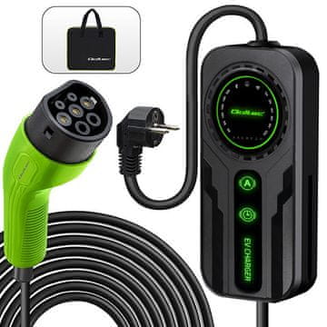 Qoltec mobilni punjač za električne automobile, EV i hibride s 2-u-1 regulacijom Tip 2 | SCHUKO 16A | 3,5kW | 230V | LCD | Prijenosni | Zidna kutija | 5m