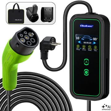 Qoltec mobilni punjač za električne automobile, EV i hibride s 2-u-1 regulacijom Tip 2 | 3,5 kW | 230 V | SCHUKO 16 A | LCD | Prijenosni | Zidna kutija | 5 m