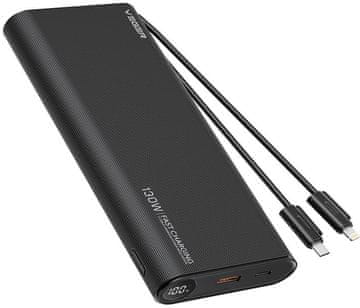 VEGER Veger 25000 mAh 130 W PD QC 3.0 Powerbank USB-A/USB-C, crni, s USB-C i Lightning kabelima