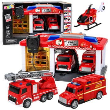 slomart Lean Toys - Garaža za vatrogasce s helikopterom i voki-tokijem