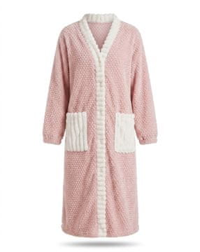 Nikcorp Ženski dugački plišani kućni ogrtač rose velour, ružičasto-bijeli, veličina L-XL, kopčanje na gumbe, 2 džepa, 3D uzorak ruža, topla kućna haljina s manžetama, elegantan dizajn za odmor i dom