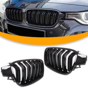 BMW 3 F30 / F31 11-15 SEDAN / KOMBI maske između prednjih svjetala (bubrezi) lijevi + desni set CRNE SJAJNE DVOSTRUKE ŠAŠKE