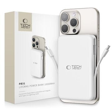 Tech-protect PB31 10000mAh 15W MagSafe magnetska prijenosna baterija s USB-C iPhone Lightning kabelima - bijela