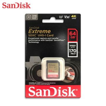 SanDisk Extreme 64GB SDXC memorijska kartica + 1 godina RescuePRO Deluxe, brzine čitanja/pisanja do 170MB/s i 80MB/s, UHS-I, Class 10, U3, V30