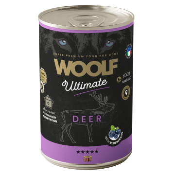 Woolf Ultimate Dog Can Monoproteinska Mokra Hrana za Pse s Jelenom i Borovnicama 400 g