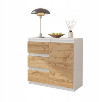 KOMODA BIJELA MAT / HRAST WOTAN 80 CM 3 LADICE, 1 VRATA, 1 POLICA