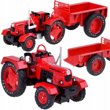 JOKOMISIADA Crveni metalni traktor s prikolicom, okretni gumeni kotači, 1:18 ZA5202