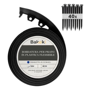 Fleksibilni rub travnjaka (10 m | 40 sidara za zemlju | visina 8 cm) crna plastika, otporna na vremenske uvjete, rub za cvjetne gredice - rub za košnju