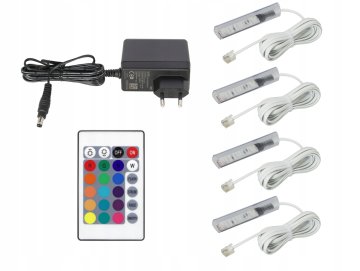 4-točkovna RGB LED kopča za staklenu policu KOMPLETNI SET Bijeli kabel