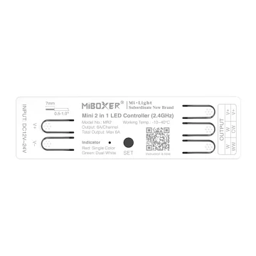 MiBoxer MR2 Mini 2u1 LED kontroler (MONO/CCT, 6A, 12-24V, 2.4GHz)
