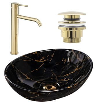REA Sofia crni mramorni set + visoka miješalica Lungo zlatna + čep univerzalni zlatna