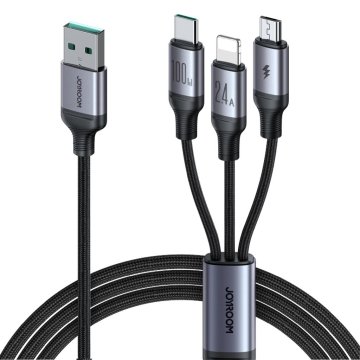 Northix Joyroom 3-in-1 USB-A naar Lightning, USB-C, Micro-USB, 100W, 1,2M - Zwart