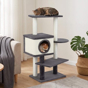 Northix Mačje drvo sa sisal stupovima i plišanom kućicom, 99 cm, sivo
