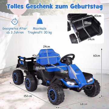 Northix 24V dječji električni traktor s daljinskim upravljačem, plavi