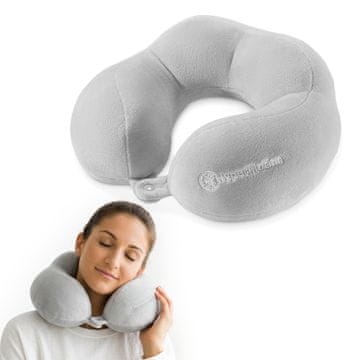 HyperMotion Putni jastuk za vrat s prednjom kopčom i sivim plišem - ergonomska potpora 360°, masa 230 g, mekani poliester, punjenje od PP pamuka