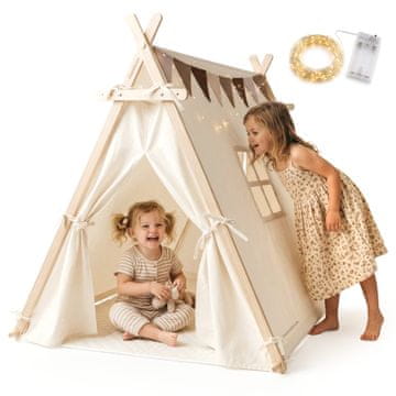 Mamabrum Tipi šator za djecu s drvenim okvirom i LED lampicama - dimenzije 110 x 90 x 120 cm, mekana podna podloga, 2 ulaza, za sobu i vrt