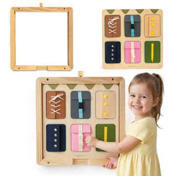 Mamabrum Drvena ploča 45 x 45 cm za aktivnosti sa zidnim okvirom - Montessori igračka, razvoj fine motorike, za djecu od 18 mjeseci